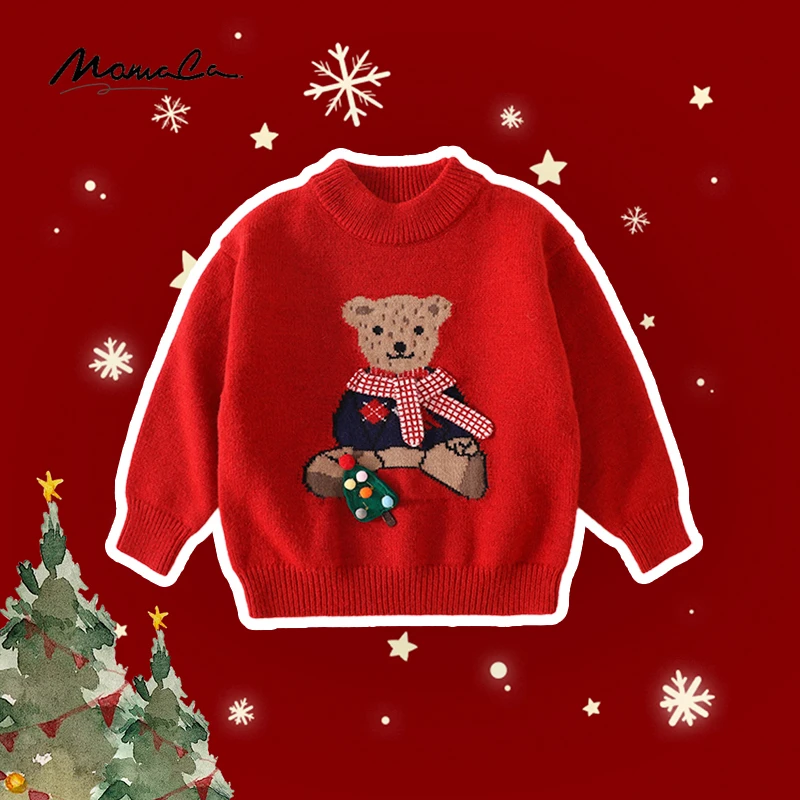 MOMOCO冬季新款男童可爱小熊年款套头毛衣拜年上衣75420230002