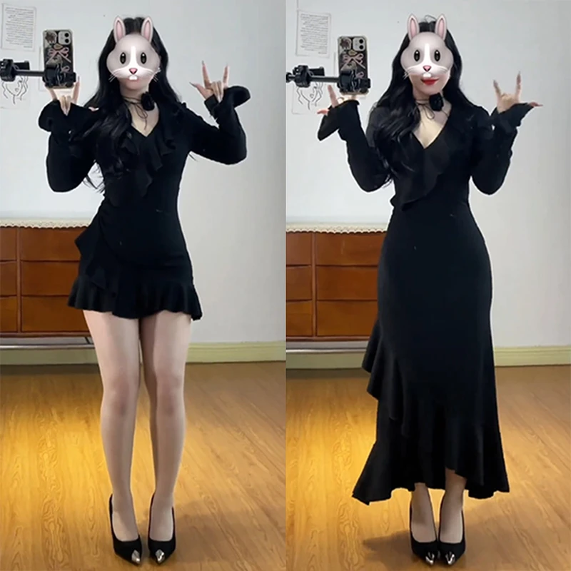 内搭收腰法式赫本风裙子大码微胖mm显瘦V领荷叶边修身连衣裙春秋