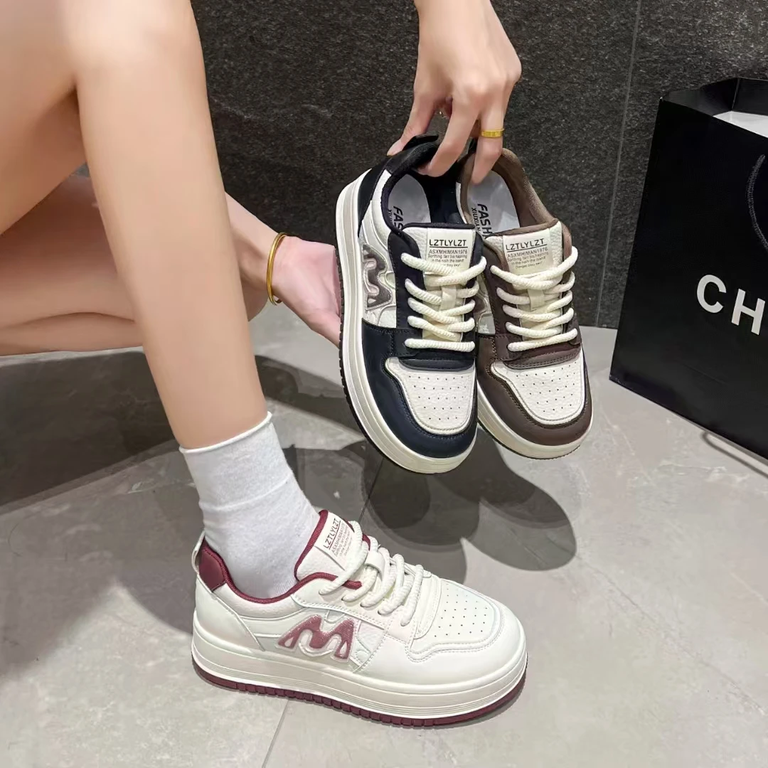 107-23女士真皮厚底板鞋春季新款百搭低帮平底休闲小白鞋