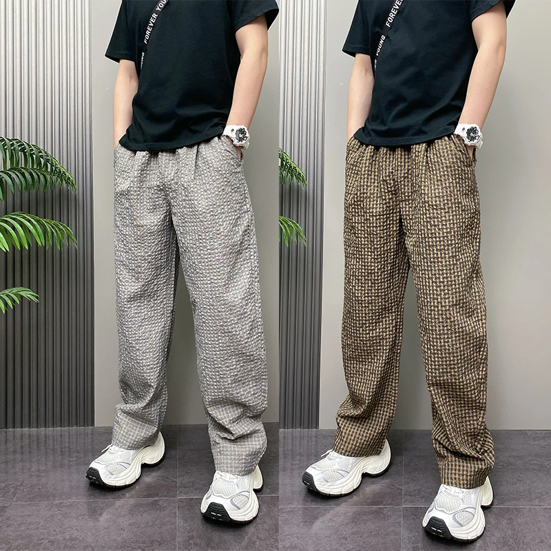 2025年夏季薄款潮流韩版痞帅宽松哈伦格子裤青年男士休闲直筒裤子