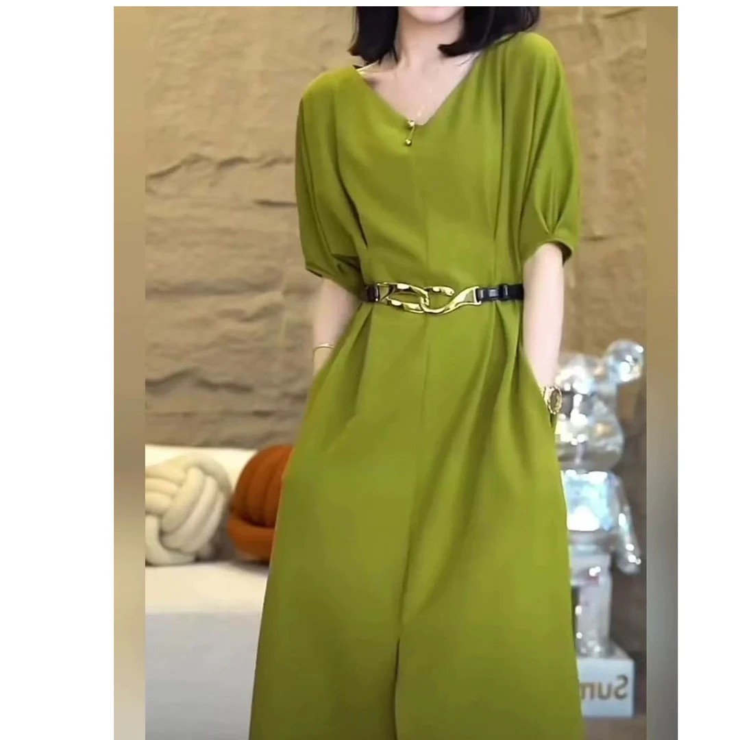 v领灯笼袖高腰a字高级感休闲风减龄显瘦连衣裙女#3896