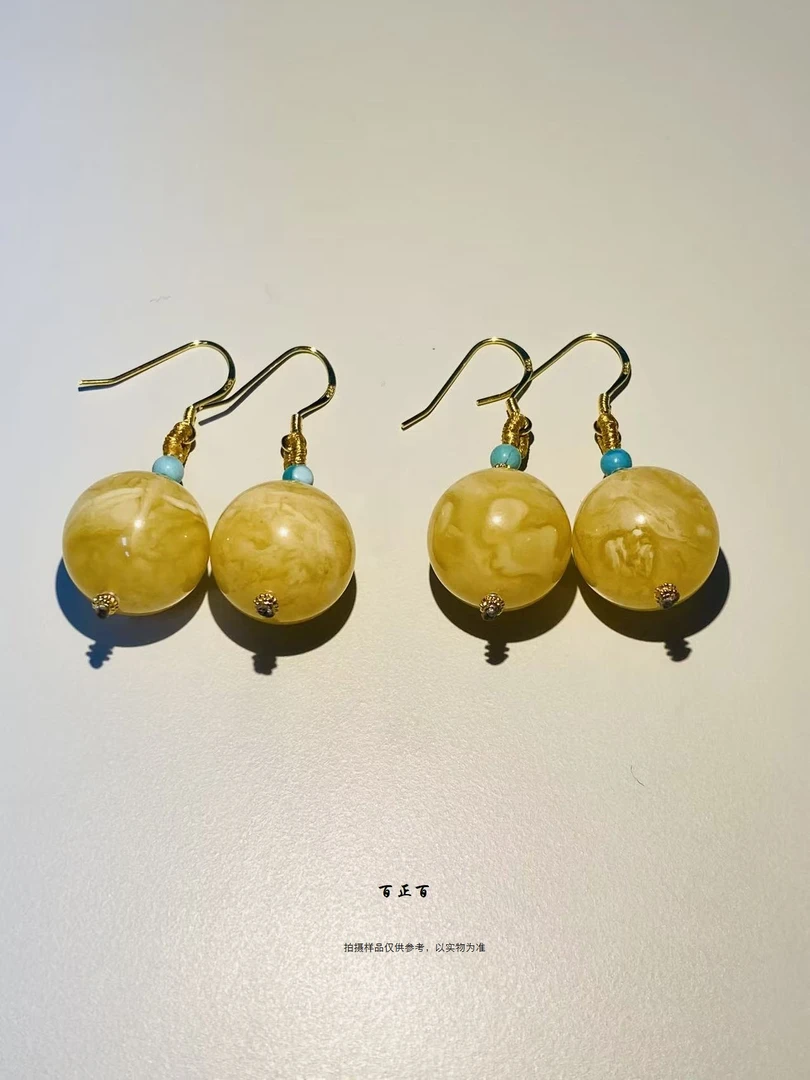 百正百 天然俄料虎皮蜜蜡圆珠耳坠6963（多样性发货发其一）