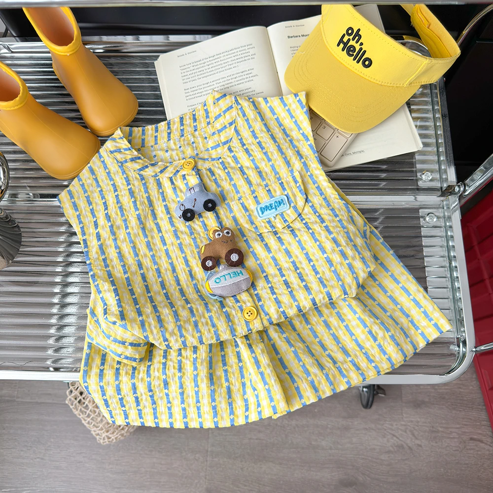 韩版休闲儿童背心套装2025夏季新款立体玩偶条纹短裤两件套潮