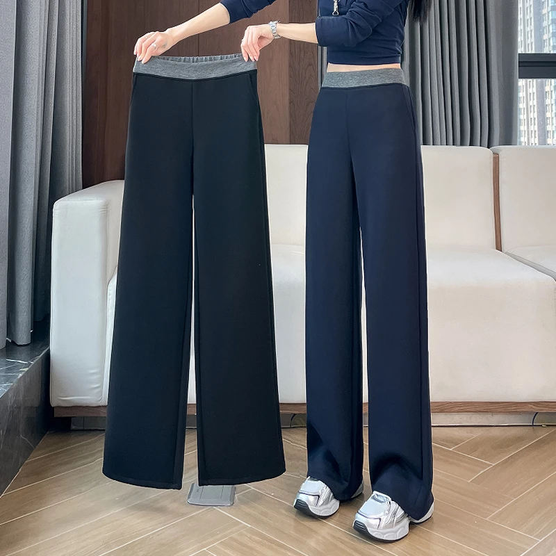 春秋冬季加绒加厚窄版阔腿裤女直筒休闲九分拼接撞色宽松运动卫裤