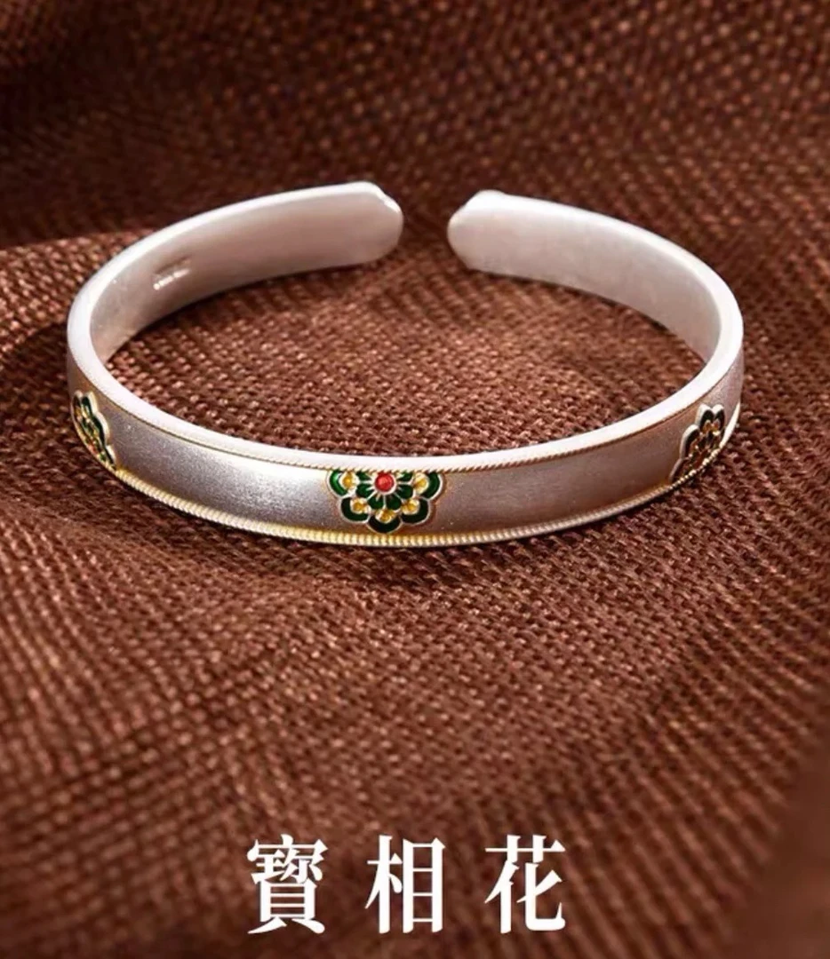 足银手镯 民族风原创设计圈口可调节烧蓝优雅手工