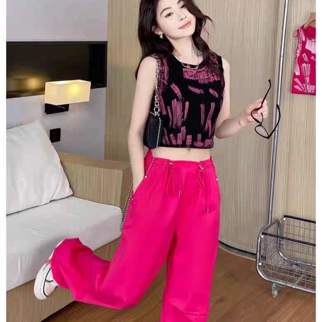 313时尚洋气套装春夏新款印花背心高腰休闲美式工装裤两件套