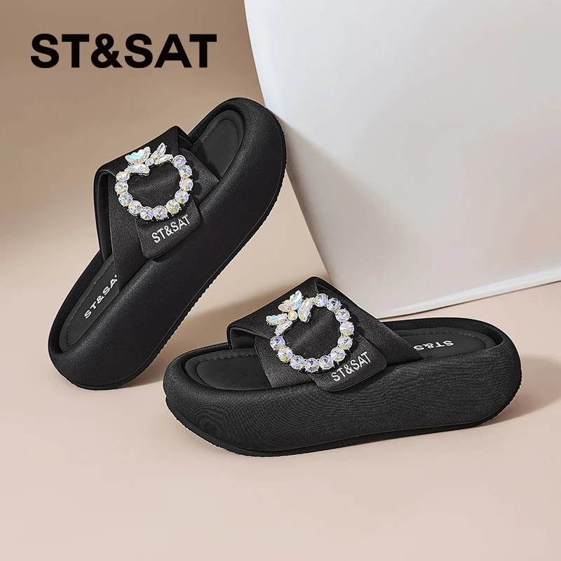 星期六水钻扣交叉带拖鞋女2025新款高级轻奢百搭松糕厚底一字拖鞋