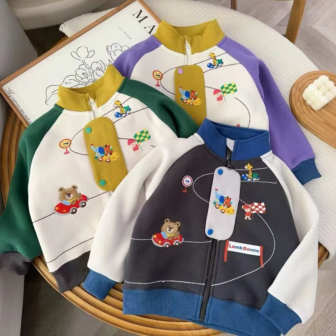 儿童秋冬纯棉羊羔绒加厚外套小熊刺绣拉链外套女童加厚外套可爱风