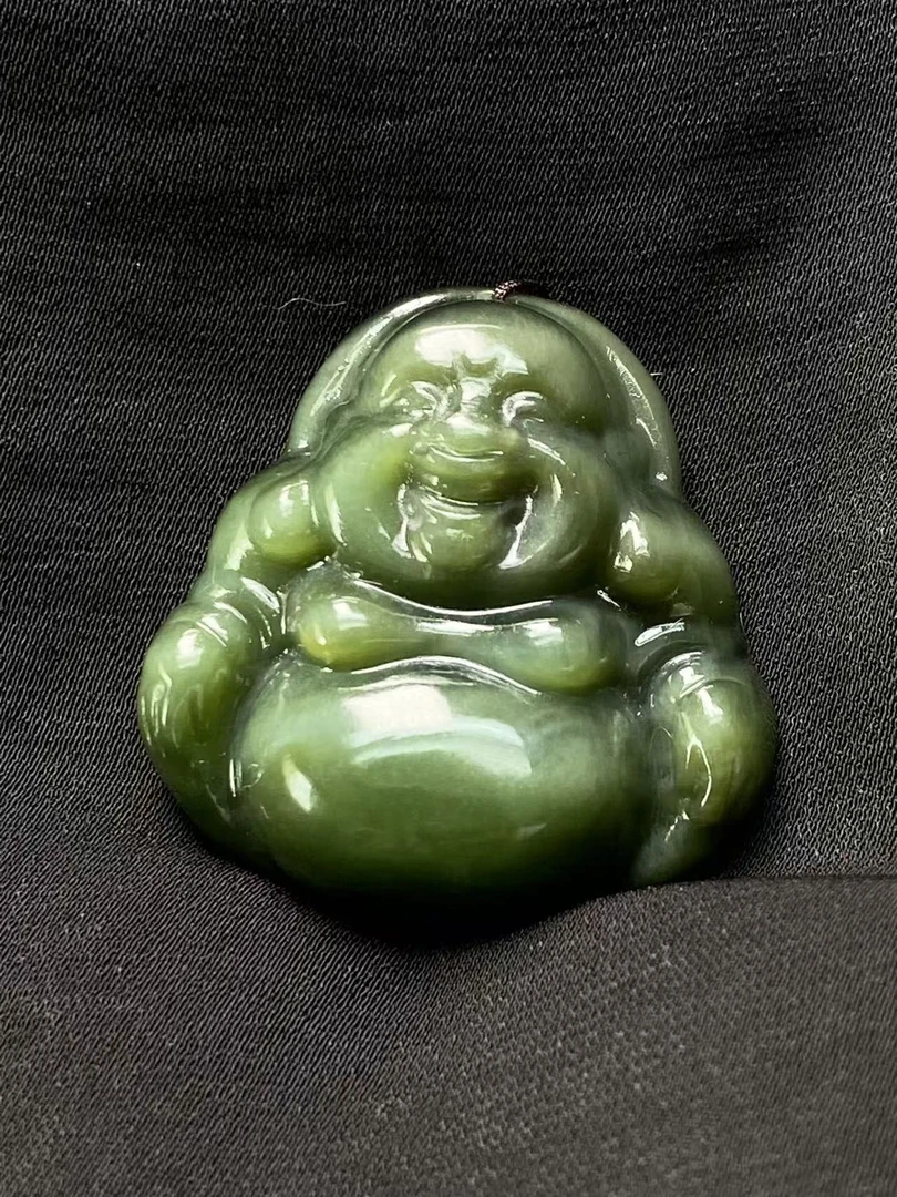 天然和田玉碧玉绿金微猫佛公吊坠