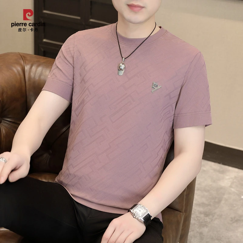 皮尔卡丹高品质轻奢男士针织伊力特提花短袖夏季时尚百搭透气T恤