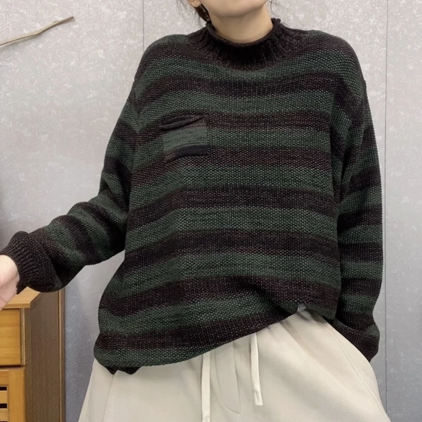 【云吖】韩版复古休闲百搭宽松减龄炒色条纹棉线半高领套头长袖上衣