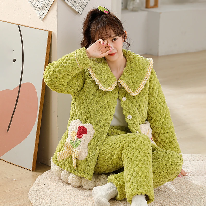 2024新款秋冬季天女士三层夹棉睡衣大码套装珊瑚绒加绒加厚家居服