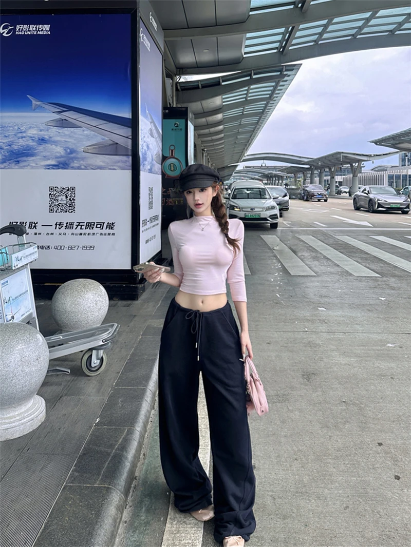 早秋粉色半领正肩修身辣妹露脐上衣系带休闲卫裤长裤套装女裤子