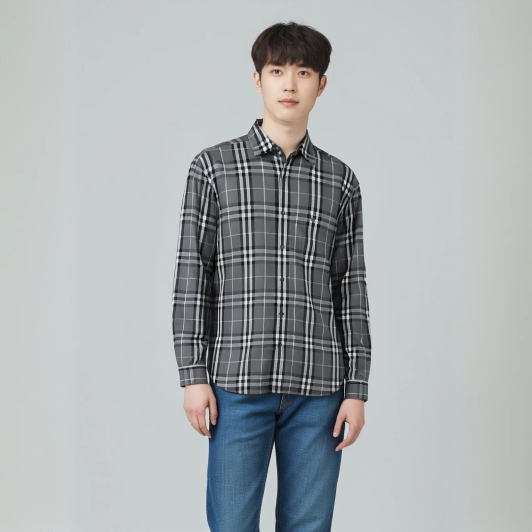 未使用 BURBERRY/博柏利 14276481 格纹衬衫长袖 灰色 L码 无吊牌