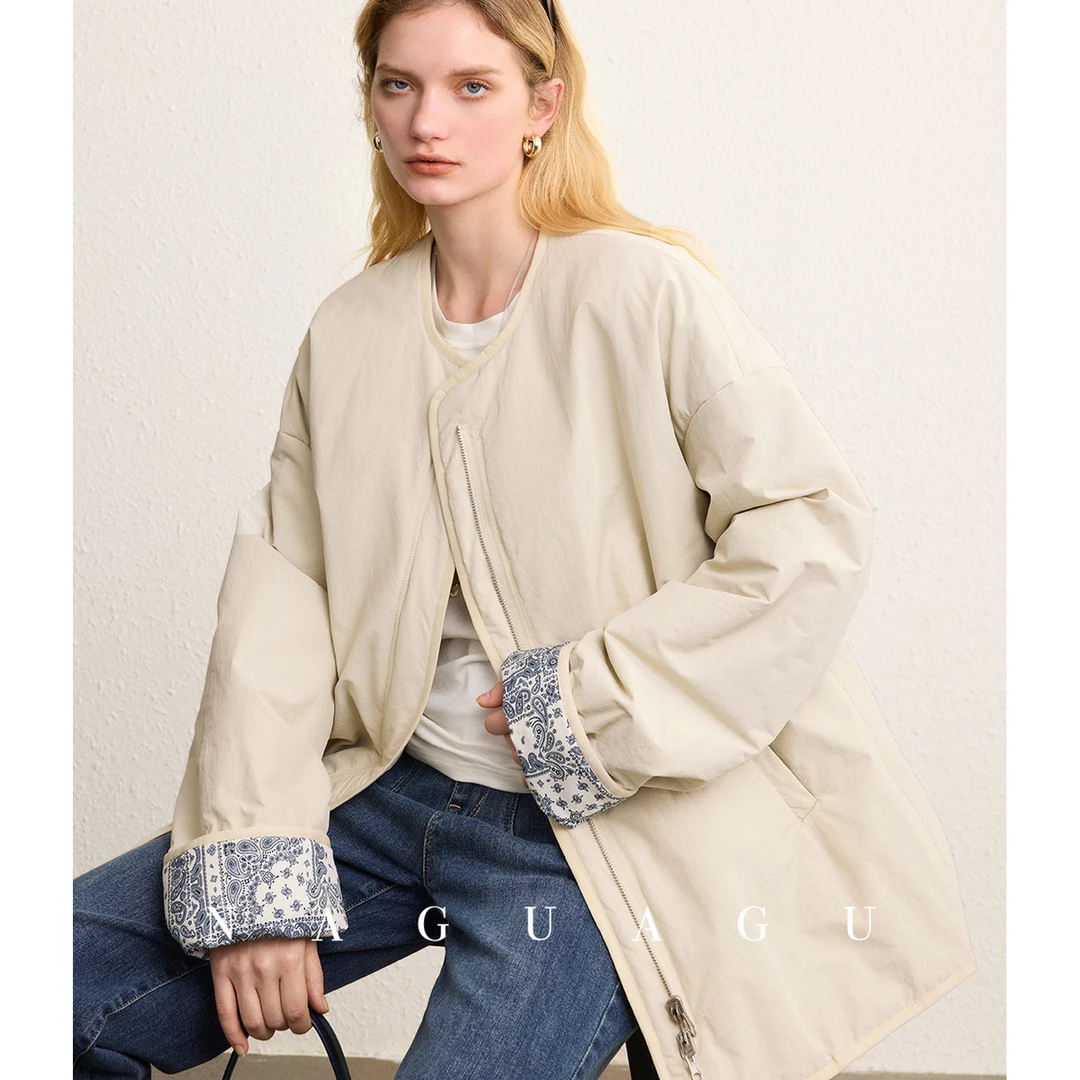 NAGUAGU/南瓜谷【博主私服】優质混纺休闲圆领落肩宽松棉服外套女