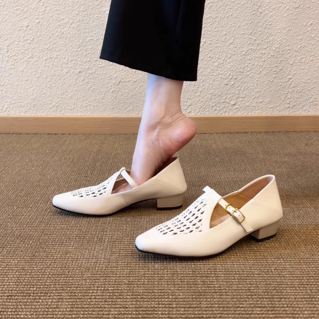 Pokoy-4.5cm浅口单鞋法式复古气质镂空编织粗跟丁字扣