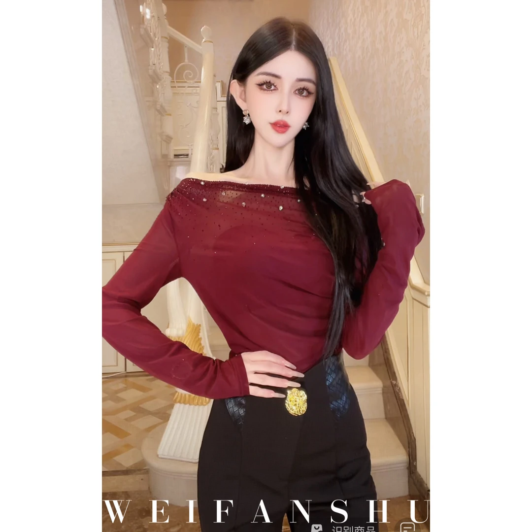 WEIFANSHU/魏凡舒【朗姆甜调】早秋新款时尚百搭复古显瘦一字肩上衣