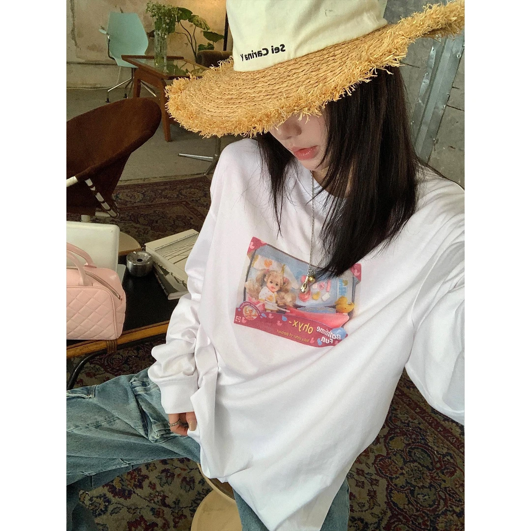 区区欧阳 白色印花T恤女夏季薄款设计感小众宽松圆领长袖上衣