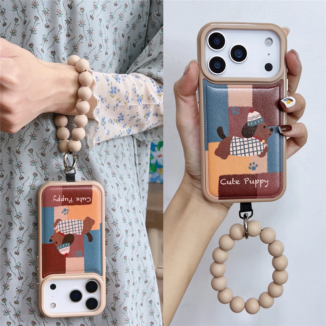 冬季皮质格纹腊肠狗适用苹果17pm串珠iphone16promax手机壳15/14