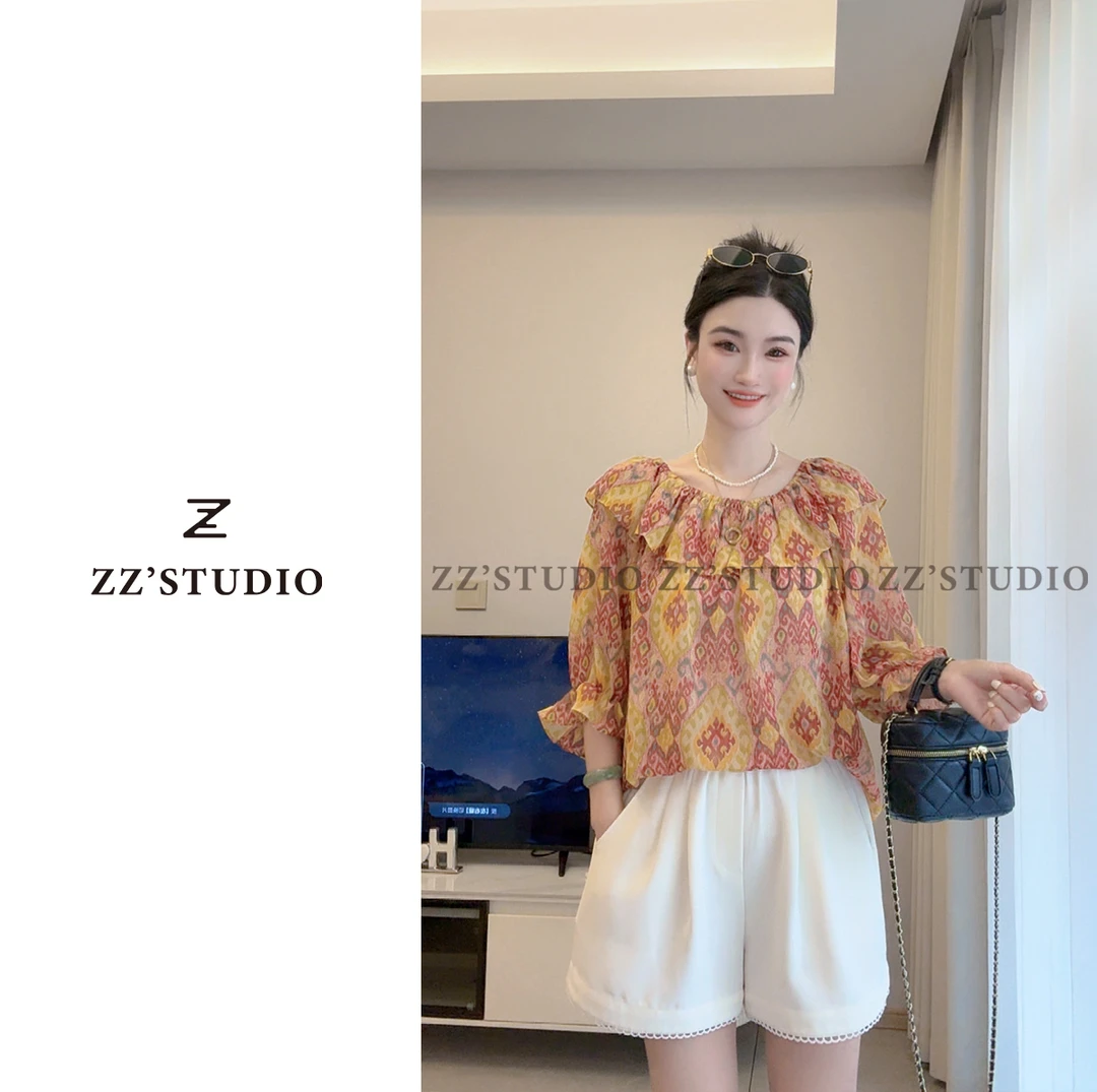 郑郑定制#夏季新款碎花提花时尚一字领减龄荷叶边气质上衣077