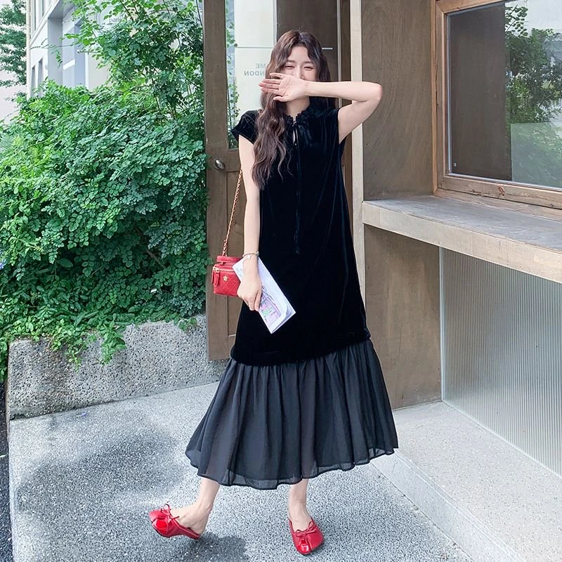 新中式国风盘扣连衣裙女2025夏季新款丝绒网纱拼接气质鱼尾连衣裙