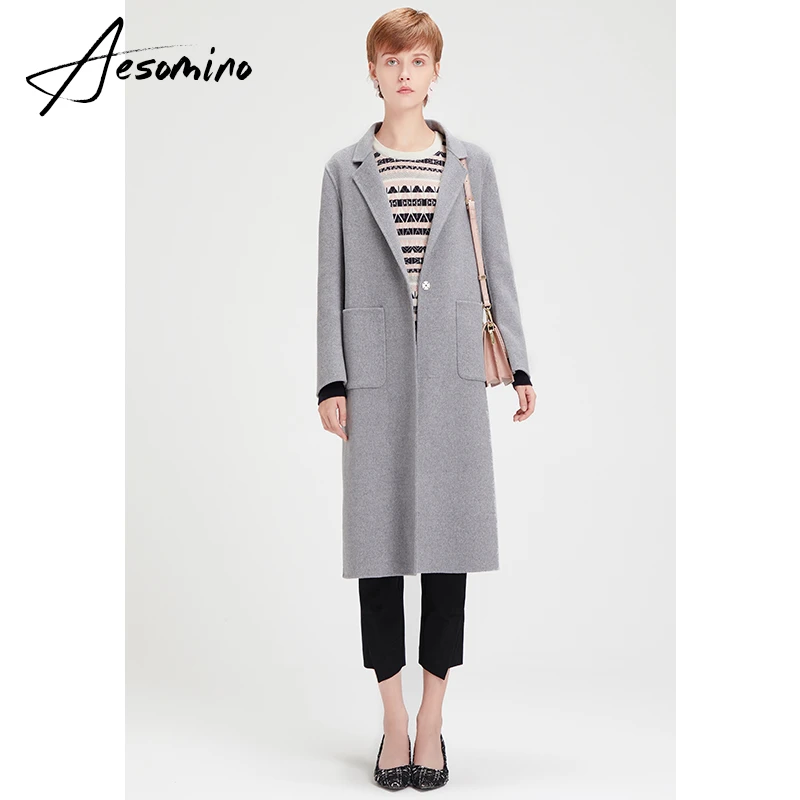 衣莎美诺秋冬双面呢大衣外套 女中长款风衣灰色63083059,63083087