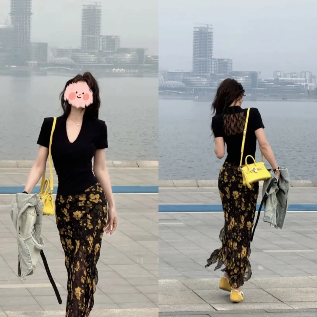【温温专属】夏季蕾丝露背V领短袖+时尚不规则压褶花朵半身长裙套装