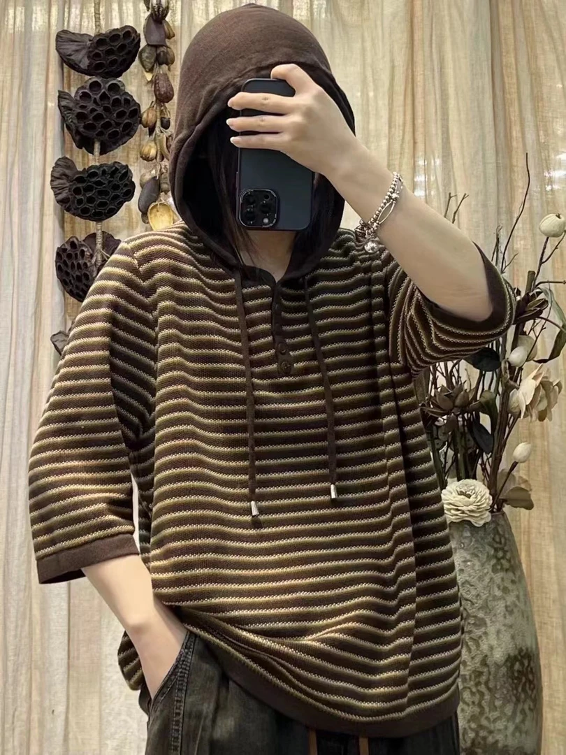 【娜娟定制】新款百搭女棉线条纹中袖针织衫休闲连帽套头宽松上衣