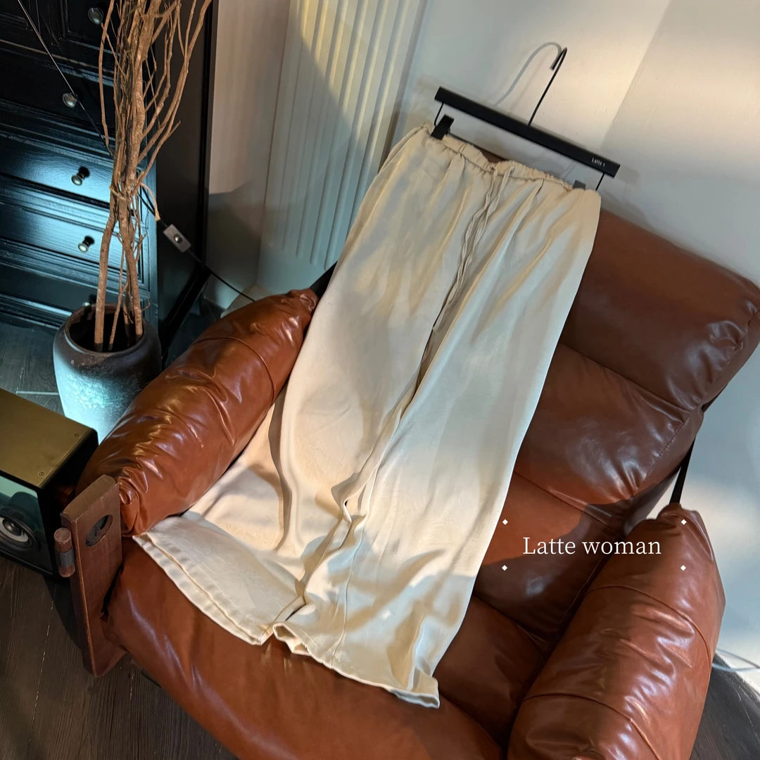 夏季丝滑缎面休闲裤女阔腿裤高腰显瘦时尚直筒裤宽松提花九分裤