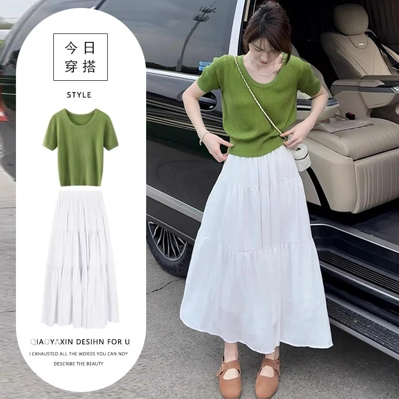 韩里韩气穿搭套装女2025夏季新款气质纯色短袖上衣显瘦遮胯半身裙