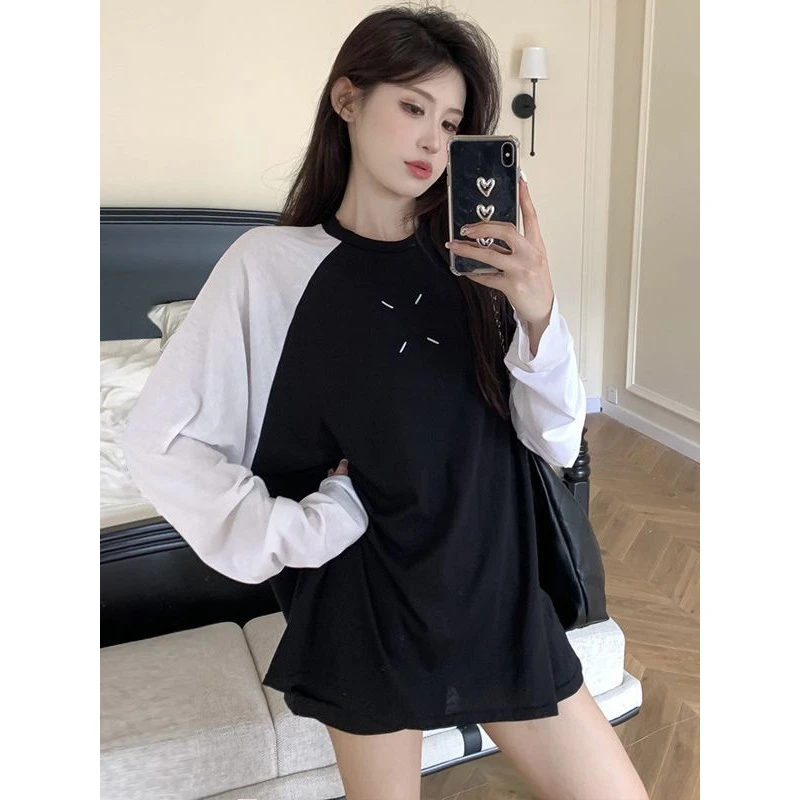 薄款宽松插肩小众长袖T恤女早秋季2025新款百搭打底衫中长款上衣