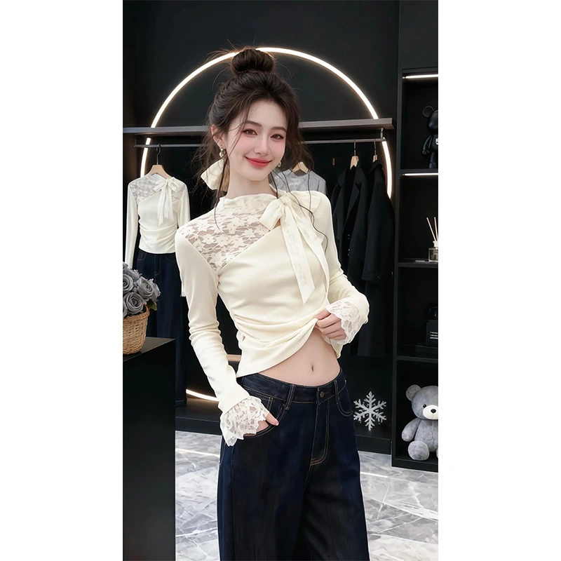 韩系高级感蕾丝蝴蝶结系带长袖t恤女秋冬内搭独特绝美打底衫上衣