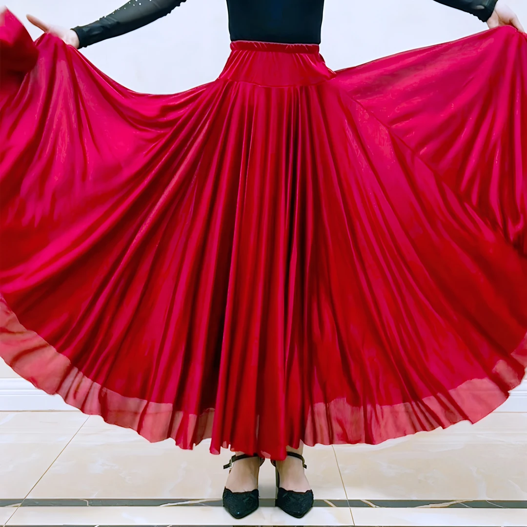 540度红色双层跳舞裙子大裙摆半身裙广场舞藏族舞新疆舞民族舞