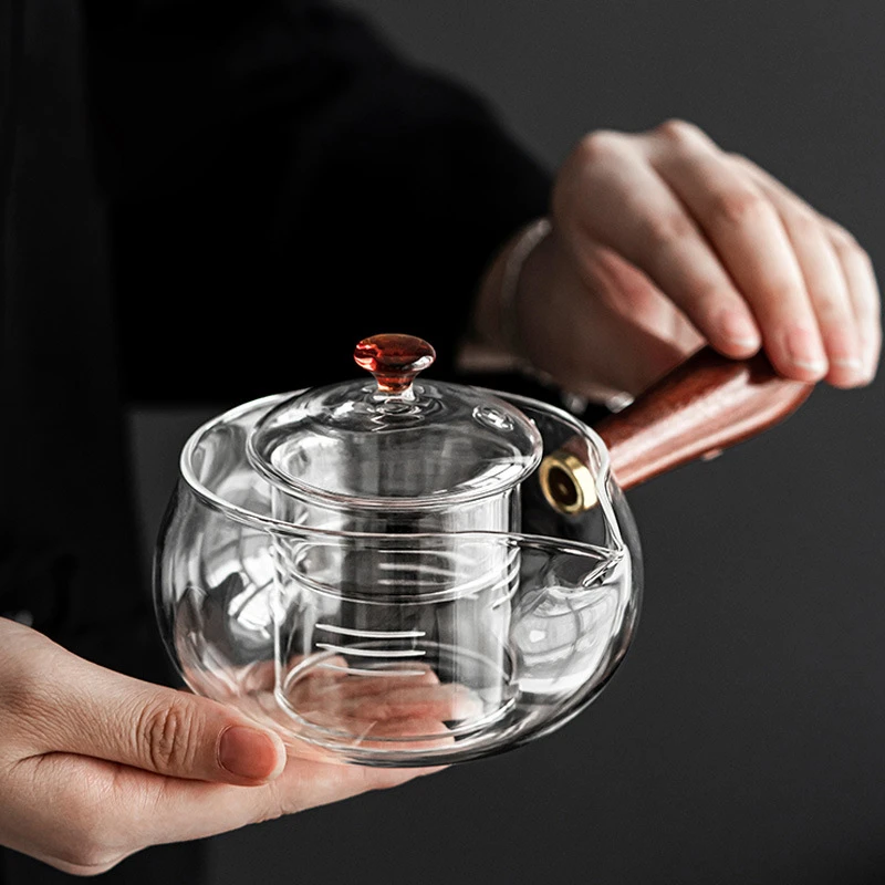 日式耐高温手工玻璃泡茶壶家用烧水沏茶煮茶青柑红茶耐热木把泡壶