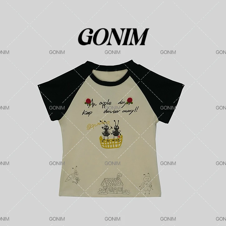 Gonim· "蚂蚁兄弟"2025夏季新款玫瑰花刺绣短袖修身设计感T恤女