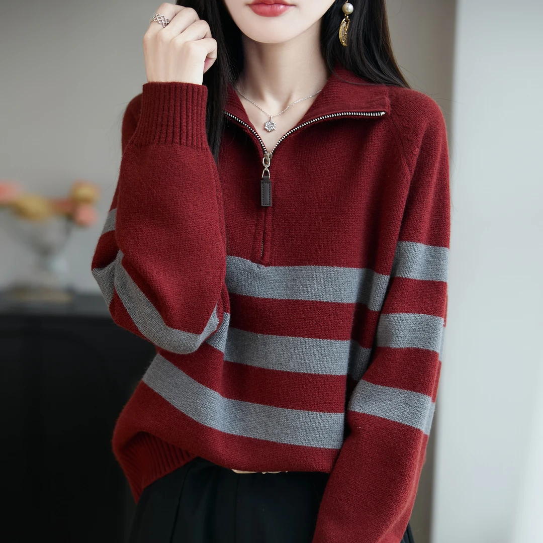 胖mm春秋大码翻领毛衣女遮肚子显瘦条纹上衣内搭高级感针织打底衫