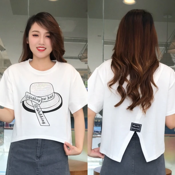 2025夏季新款韩系时尚设计款烫钻印花帽子圆领上衣