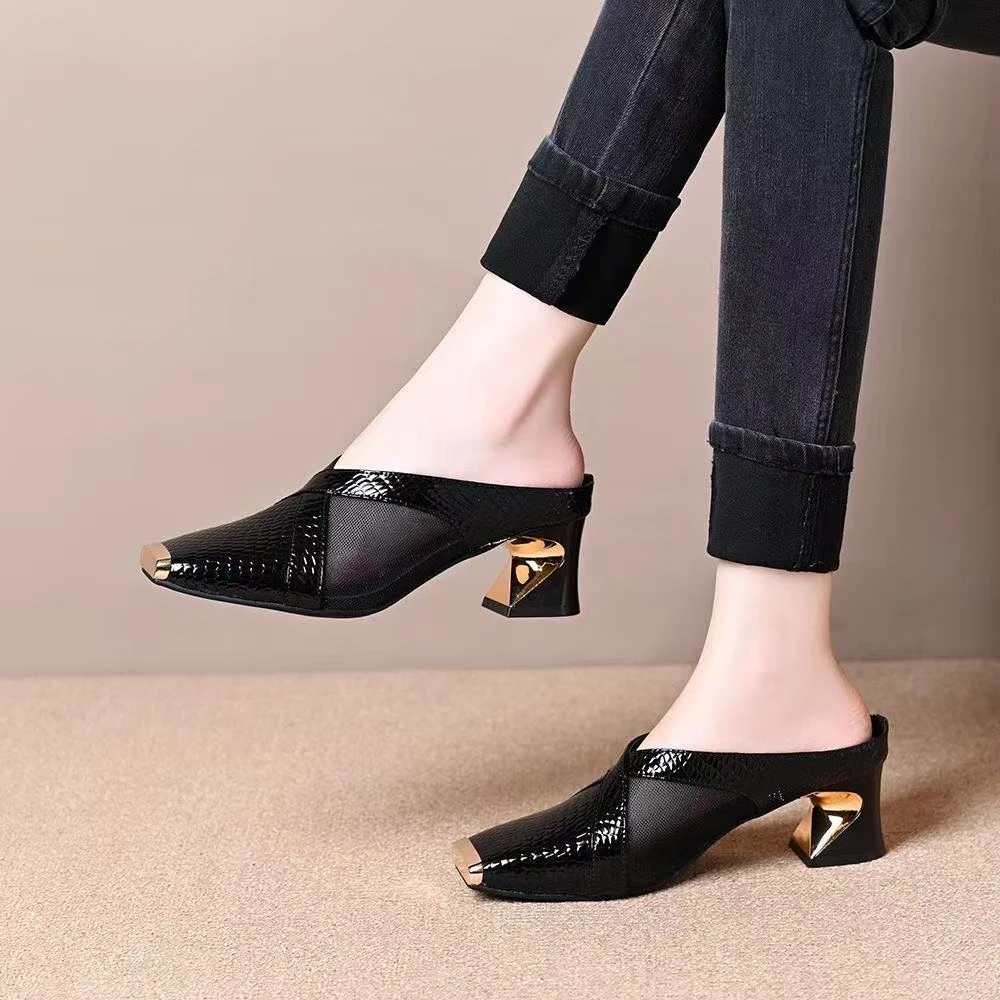 【牛皮撤柜】如2025新款春夏法式包头凉拖鞋女粗跟气质鞋时尚高跟鞋