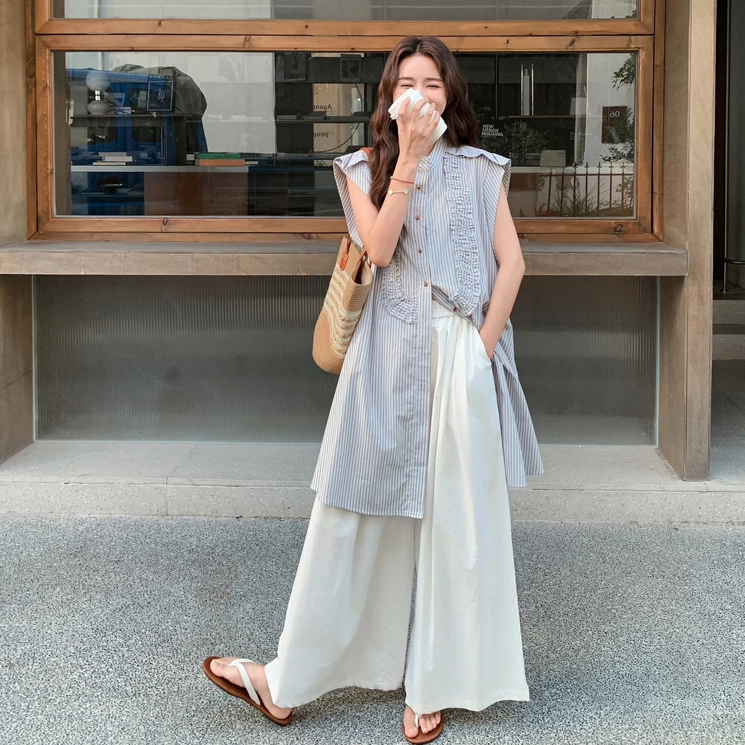 2025年夏季时尚套装设计感条纹上衣裤子两件套套装瘦韩系风法式