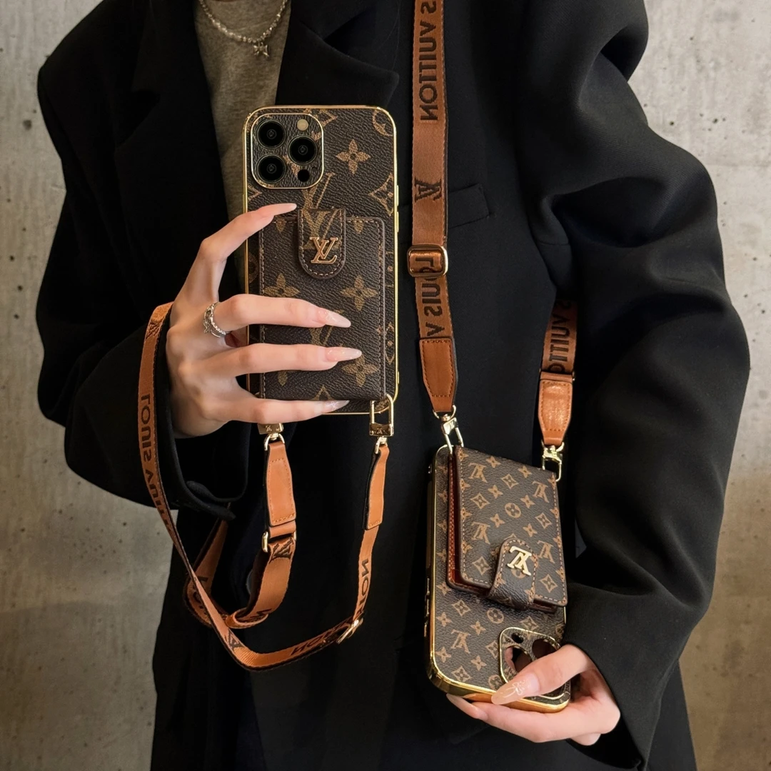 潮牌电镀老花lv斜挎翻盖卡包适用苹果14Promax手机壳新款全包防摔