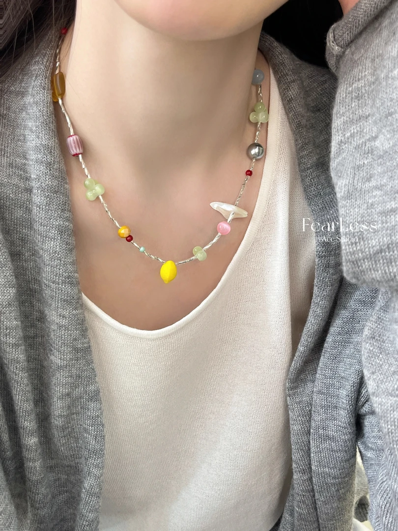 铜合金项链 夏天多巴胺彩色串珠项链小众设计感气质颈链锁骨链女