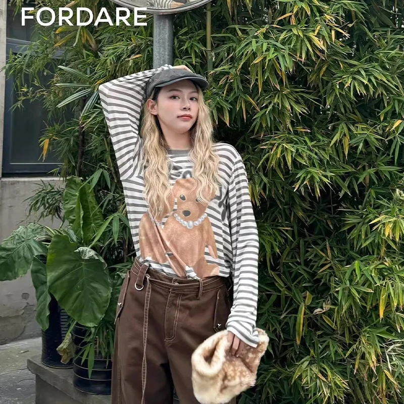 FORDARE两只小熊做旧条纹T长袖T恤