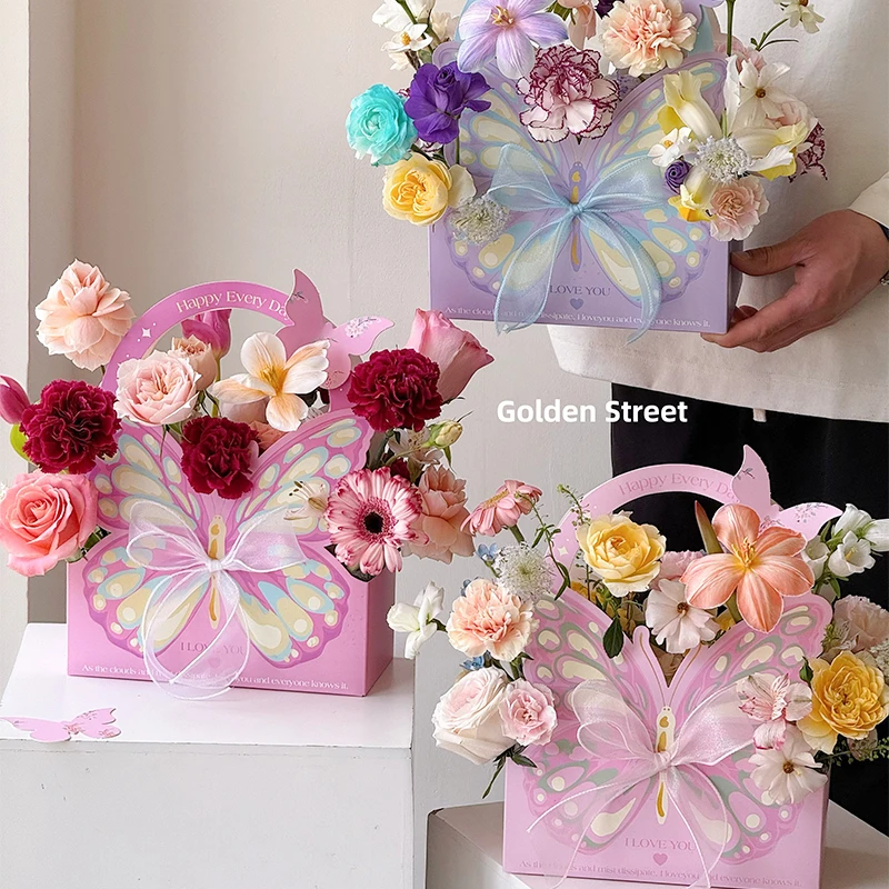 【喜花艺】鲜花蛋糕手提盒波波杯蛋糕装饰蝴蝶手提蛋糕包装盒