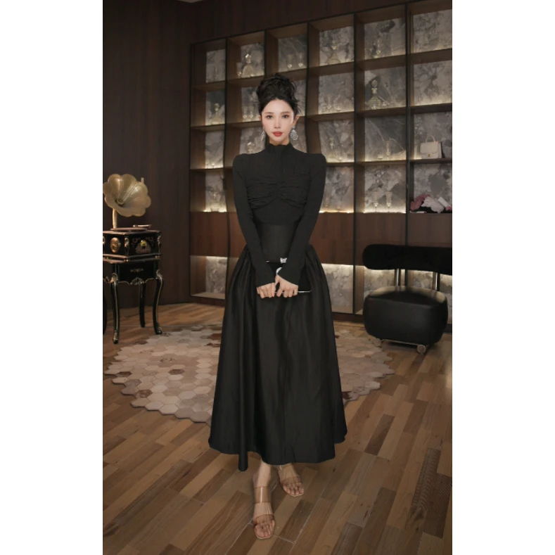 六爻定制 赫本风气质长裙收腰显瘦重工设计感a字连衣裙 9946