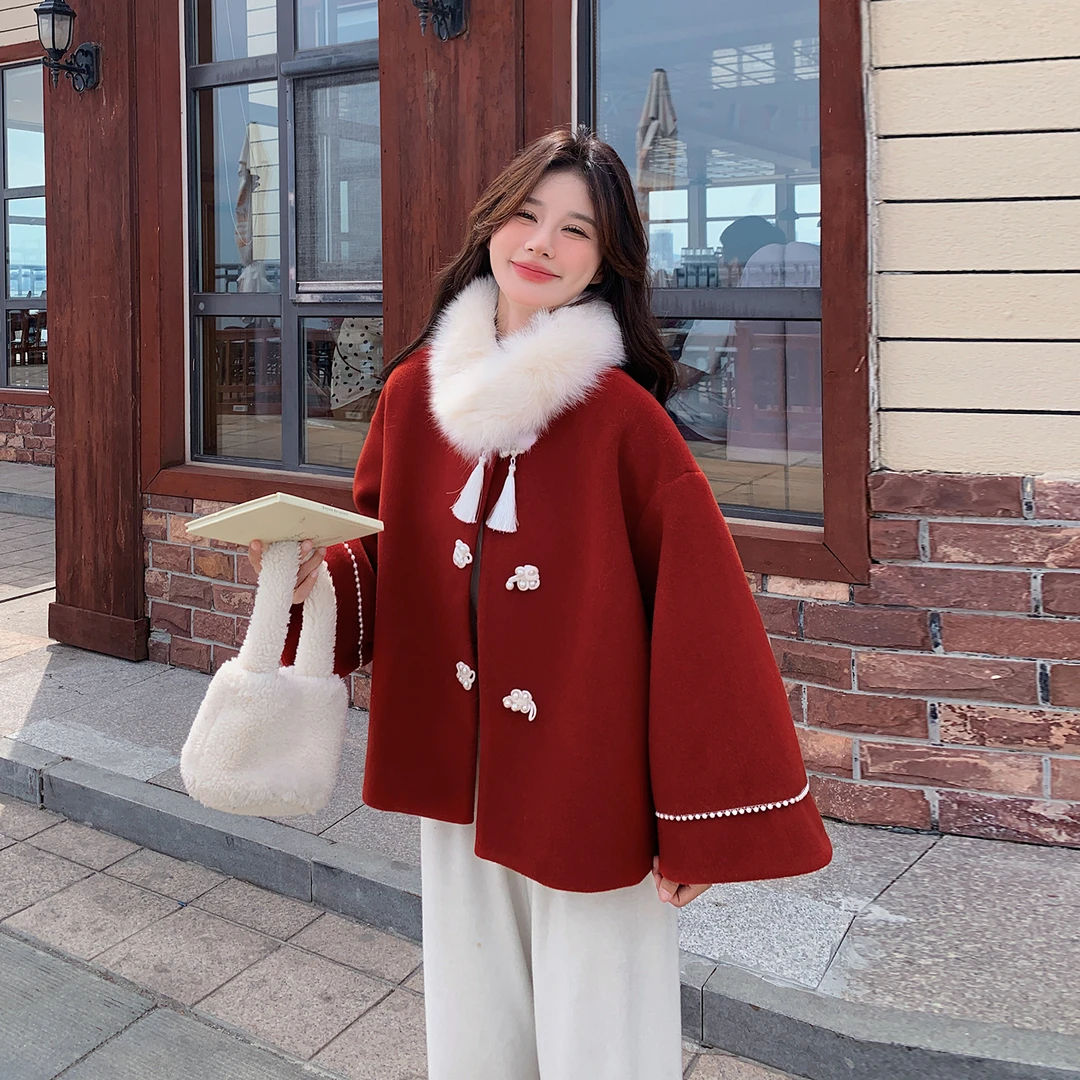 新中式国风红色毛呢外套女冬季独特漂亮超好看甜美大衣羽绒高级感