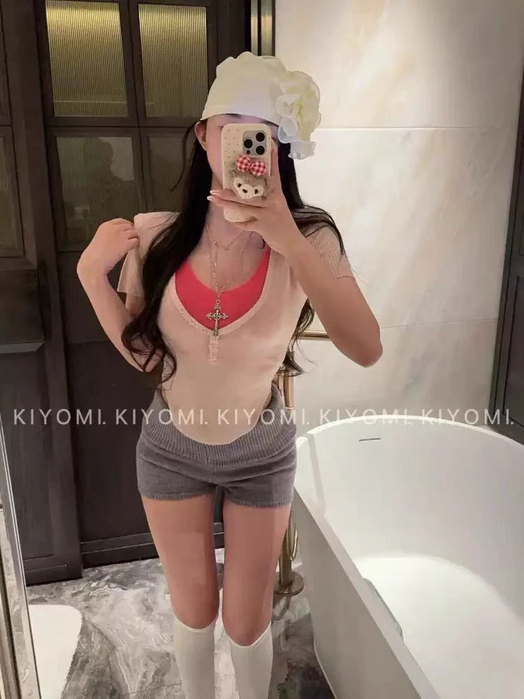 （海狮）夏季新款辣妹纯欲风气质撞色假两件修身显瘦短款针织衫上衣