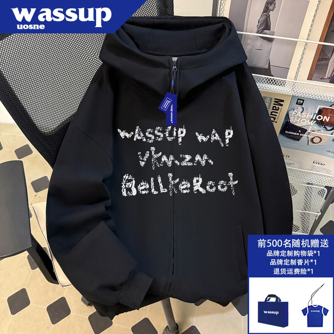 美式ins廓形连帽卫衣男秋季新款hiphop网红洋气潮流短宽拉链开衫