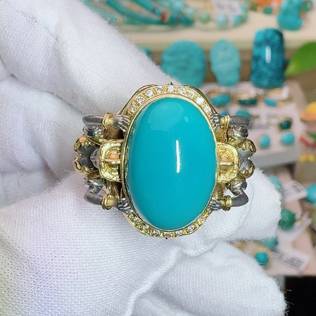 绿松石18K金镶嵌珠宝奇石雅典娜女神戒