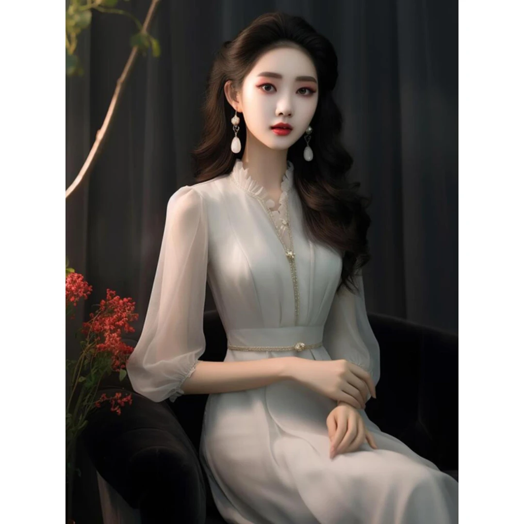 法式高端精致长裙气质女神范正式高贵宴会长袖连衣裙女装春季新款