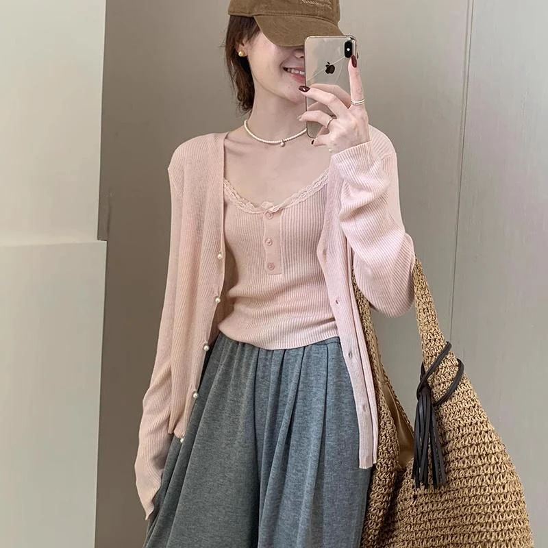 花边吊带两件套开衫上衣女2025秋季新款甜美气质简约风针织衫套装